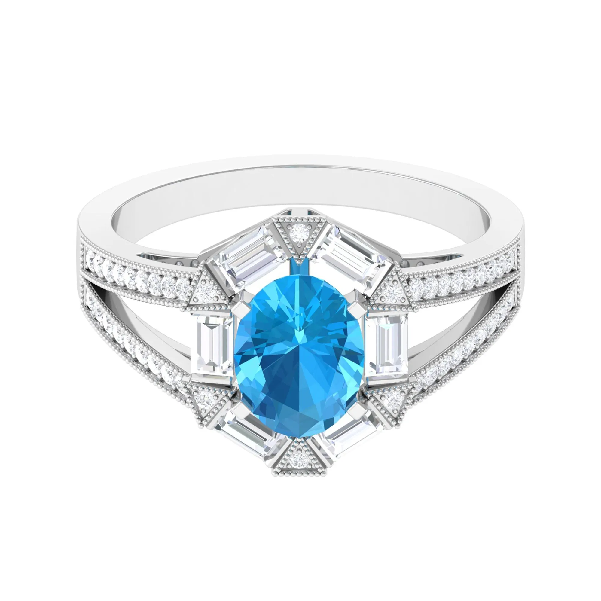 1.75 CT Oval Swiss Blue Topaz Art Deco Engagement Ring with Moissanite