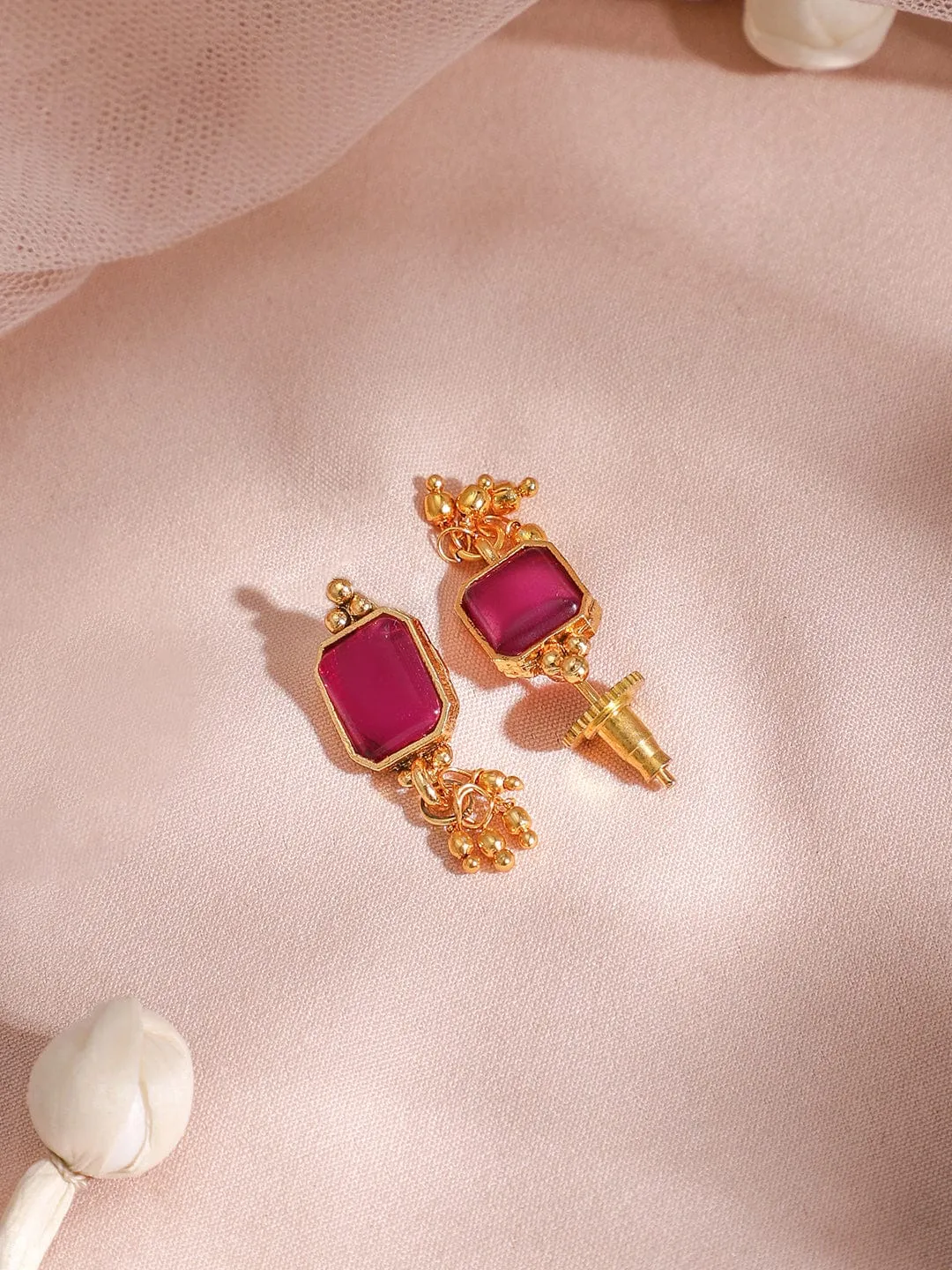 22KT Gold Plated Ruby Stone Studded  Beaded Necklace And Earrings