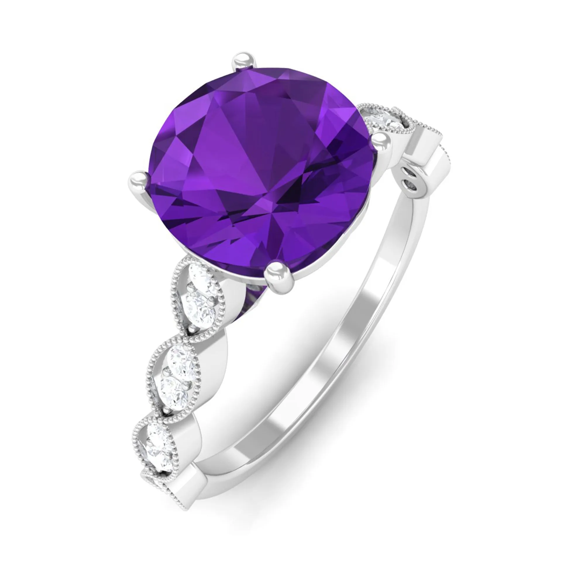 Amethyst and Diamond Solitaire Engagement Ring with Milgrain Details