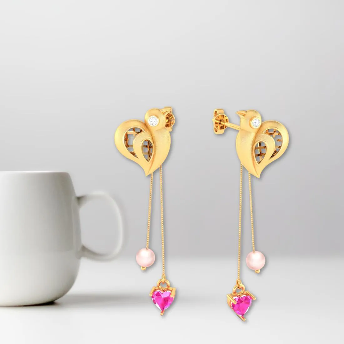 Birds With Pink Hearts And Balls 22k Gold Diamond Earrings