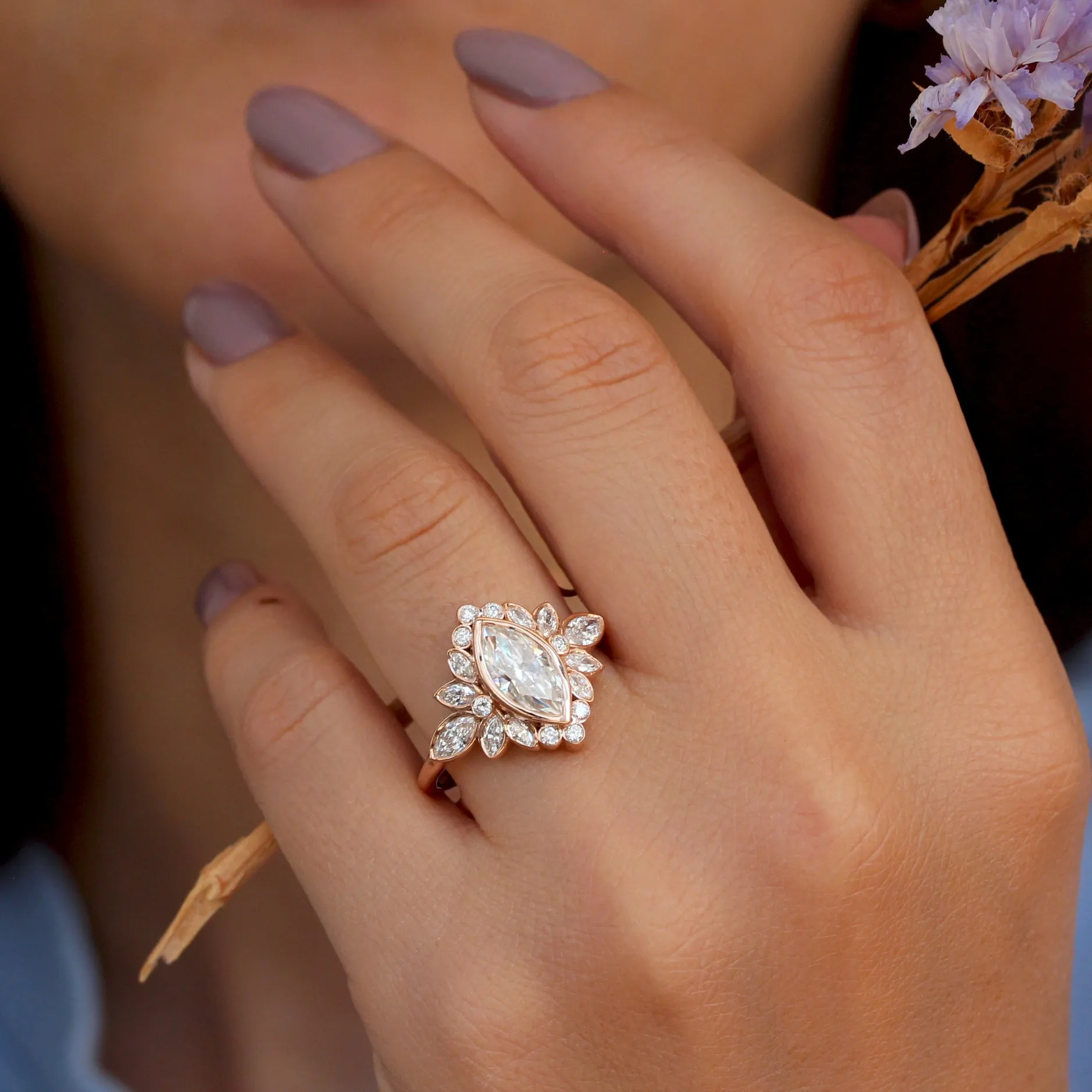 Marquise Diamonds Bezel Set Engagement Ring "Alicent" ♥