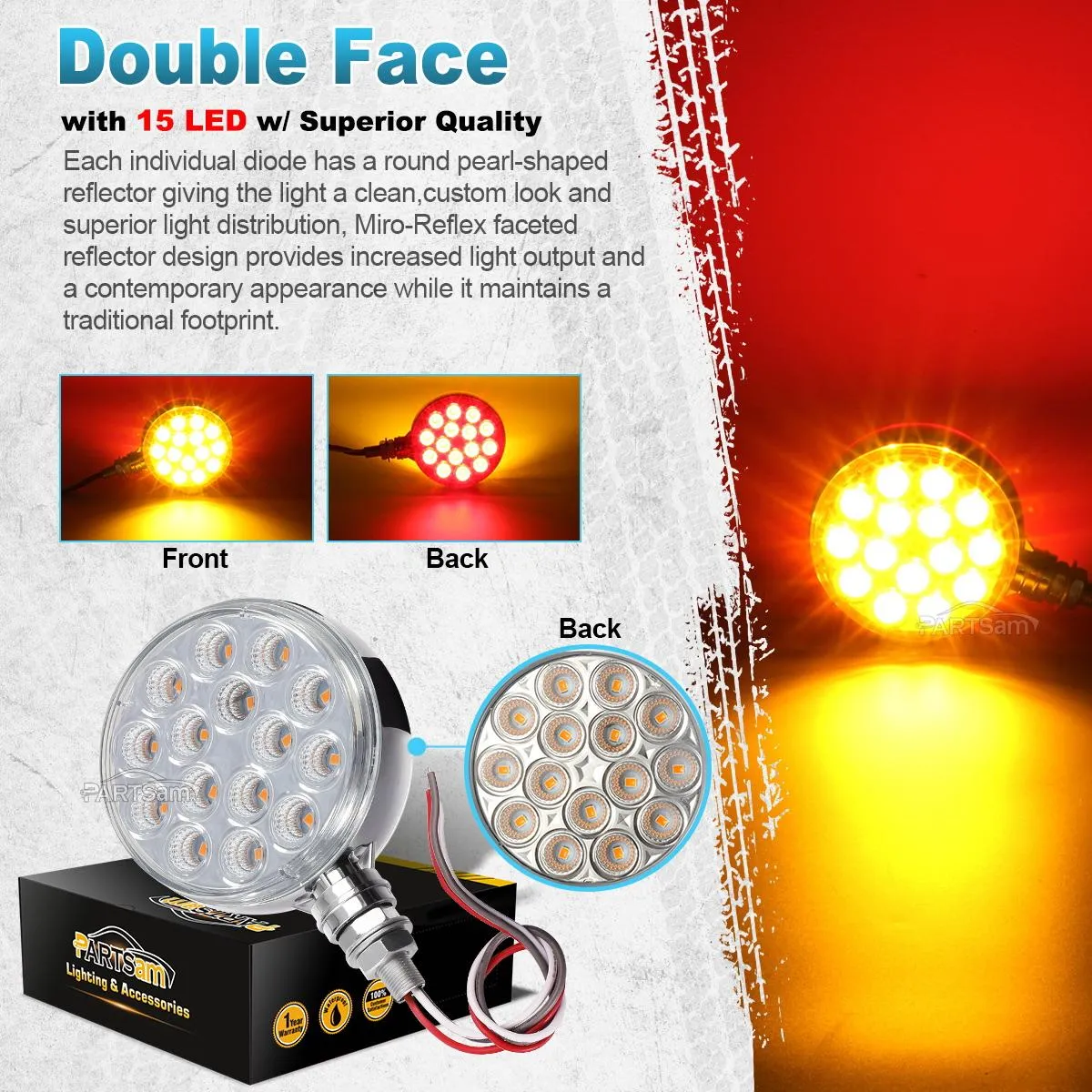 Partsam 2pc 3inch Red/Amber Double Face Chrome Round Pedestal Lights 30 LED Sealed Clear Lens Fender Mount Stop Turn Tail Lights Replacement for Peterbilt/Kenworth/Freightliner Trucks Trailers