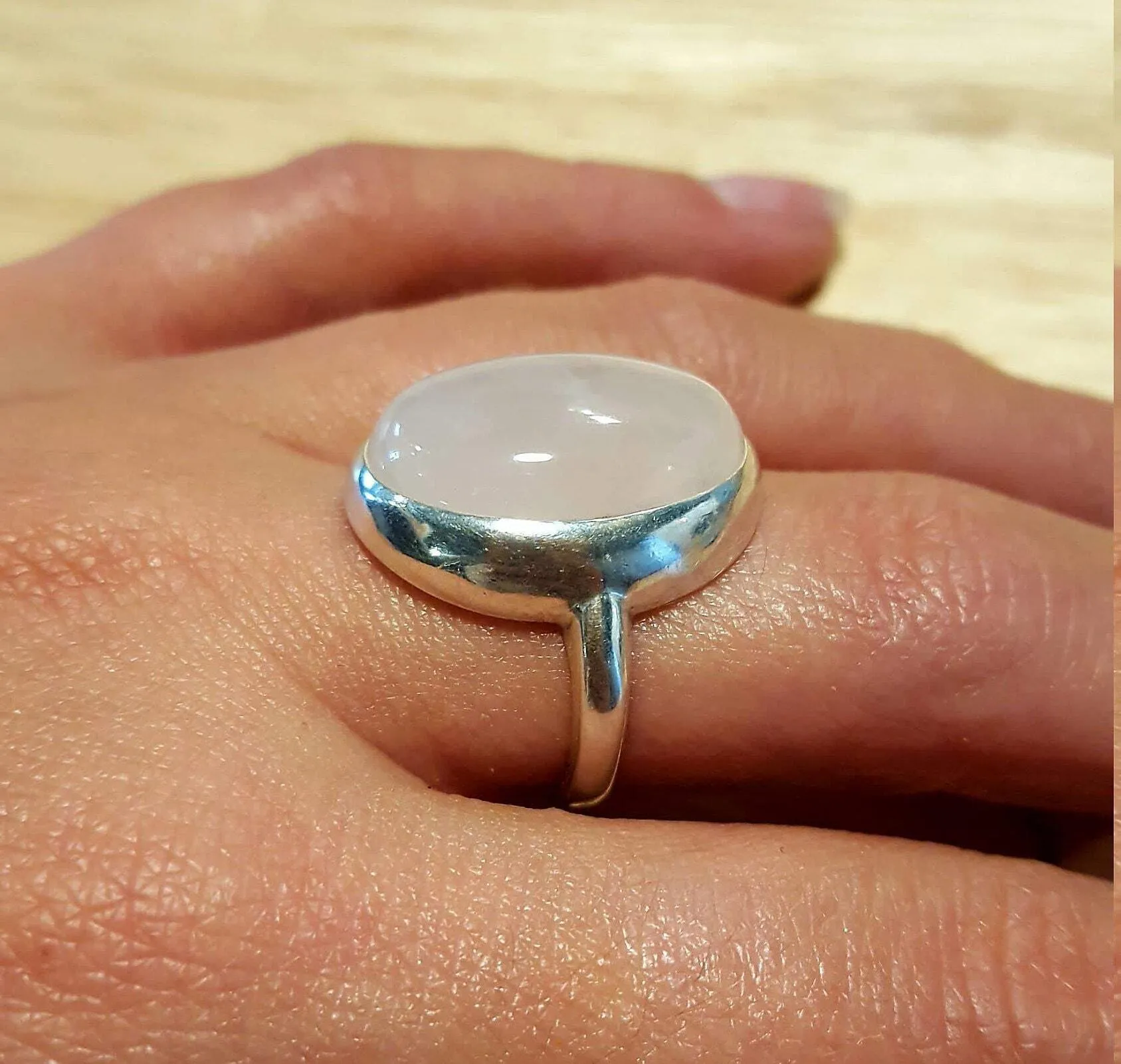 Rose Quartz Ring - Pink Bezel Ring - Oval Statement Ring