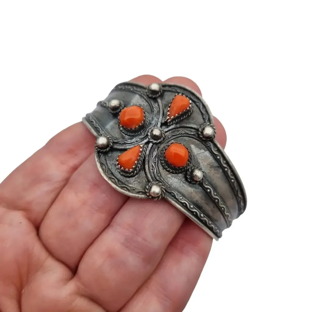 Silver and red coral boho bracelet, handmade ethnic jewelry from the 70s.
